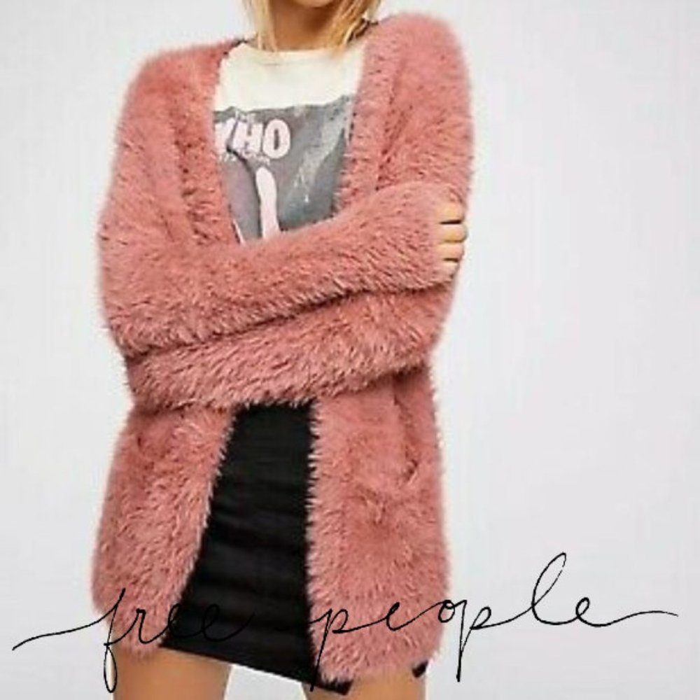 Free People Fuzzy Faux Fur Sweater Size L Dusty Pink